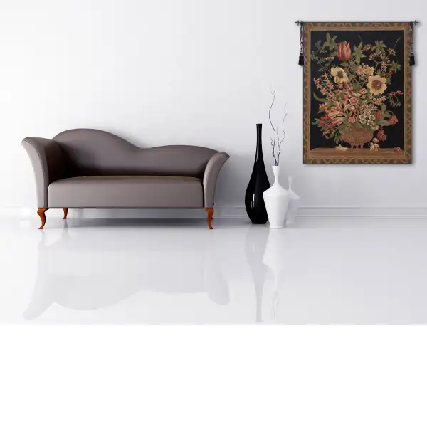 Century Floral Black Belgian Tapestry Wall Hanging Art Tapestry