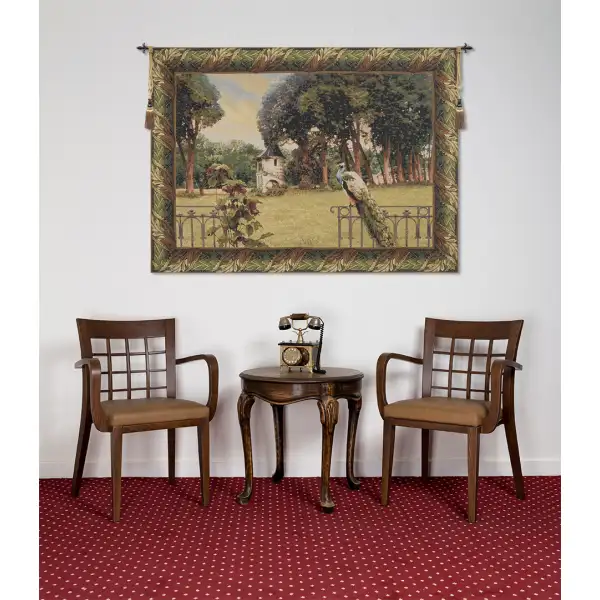 Peacock Manor with Acanthe Border Belgian Tapestry Wall Hanging Landscape & Lake Tapestries