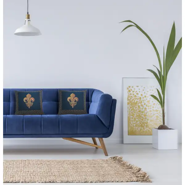 Framed Fleur de Lys Blue Cushion Tapestry Cushions