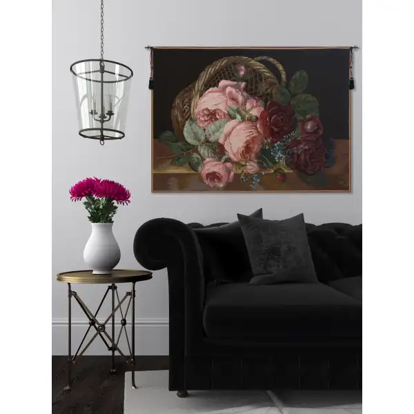 Silk Basket of Flowers Black French Wall Tapestry Floral & Still Life Tapestries
