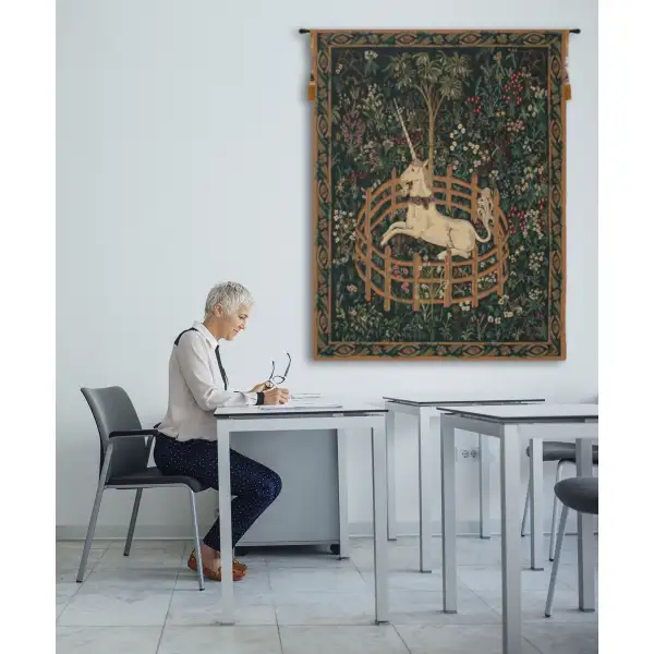 Unicorn In Captivity II (With Border) Tapestry