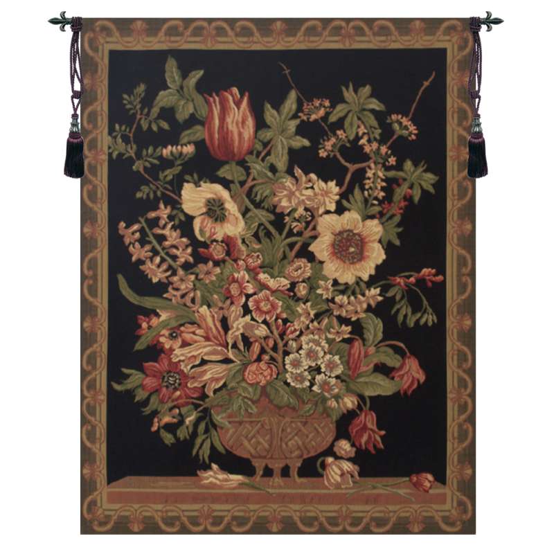 Century Floral Black European Tapestry Wall Hanging