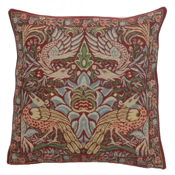 Peacock and Dragon Red Belgian Woven Cushion Cover - 16 x 16" Hand Finished Square Pillow for Living Room - Decorative Throw Accent Pillow Cover for Sofa Bed & Couch - Cushion Cover for Indoor Use