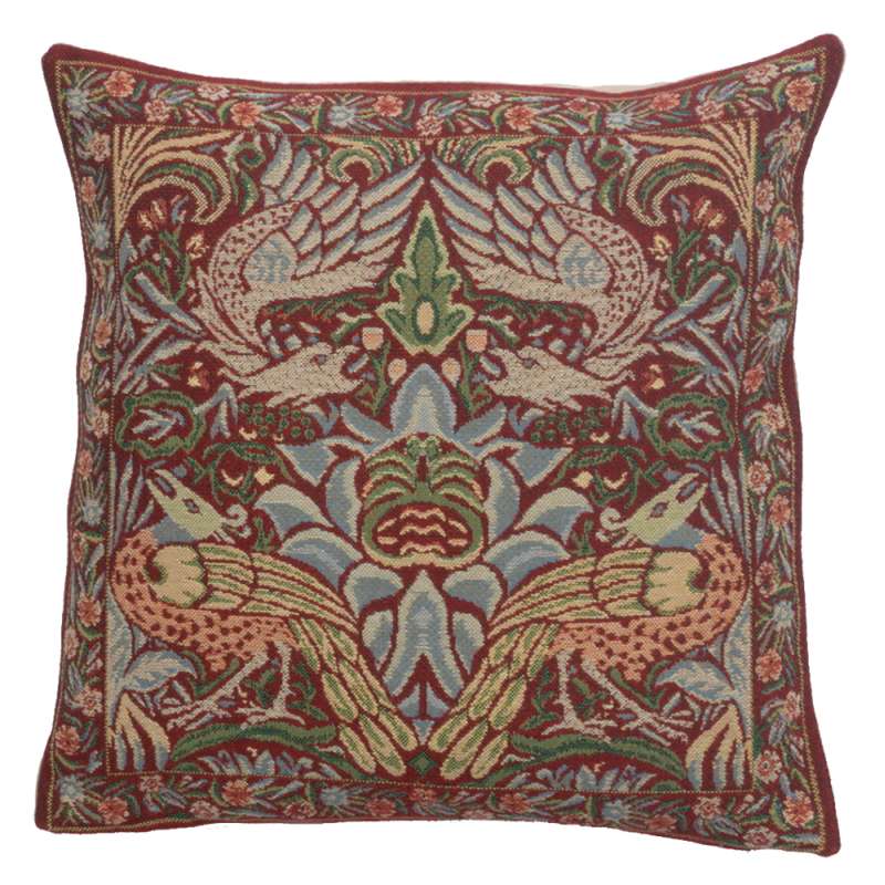 Peacock and Dragon Red Belgian Cushion Cover