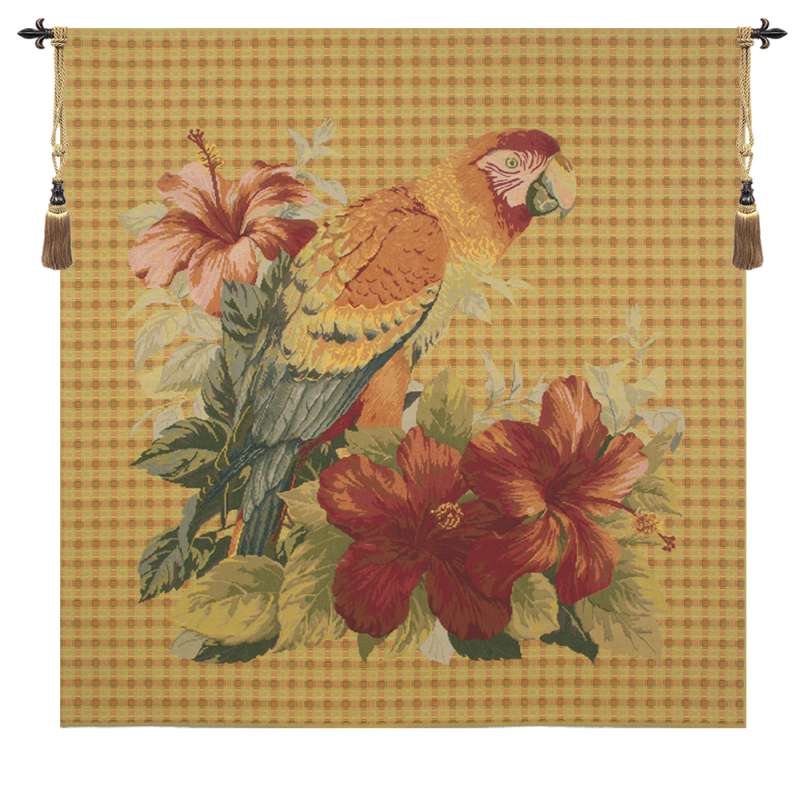 Floral Parrot with Squares European Tapestry Wall Hanging