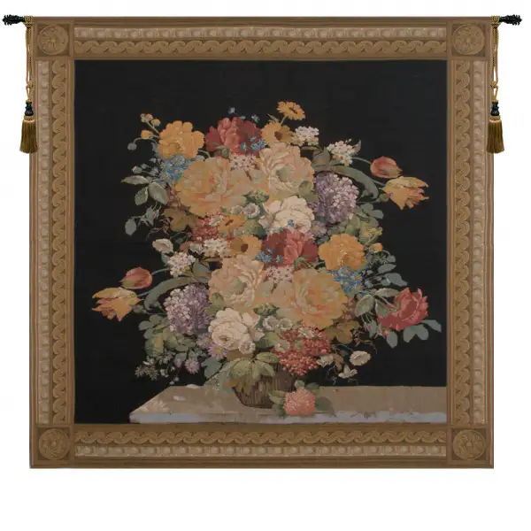Elegant Floral  Masterpiece Black Belgian Tapestry Wall Hanging