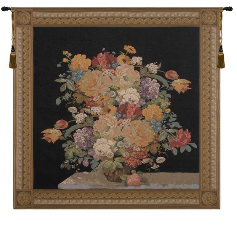 Elegant Floral  Masterpiece Black European Tapestry Wall Hanging