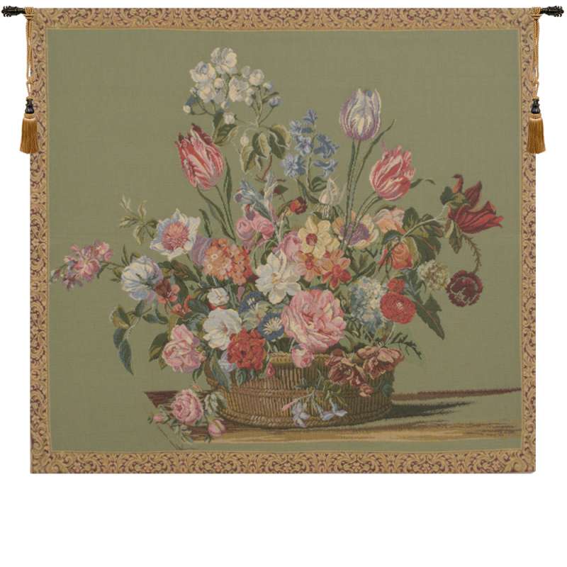 Flower Basket Green Small European Tapestry Wall Hanging