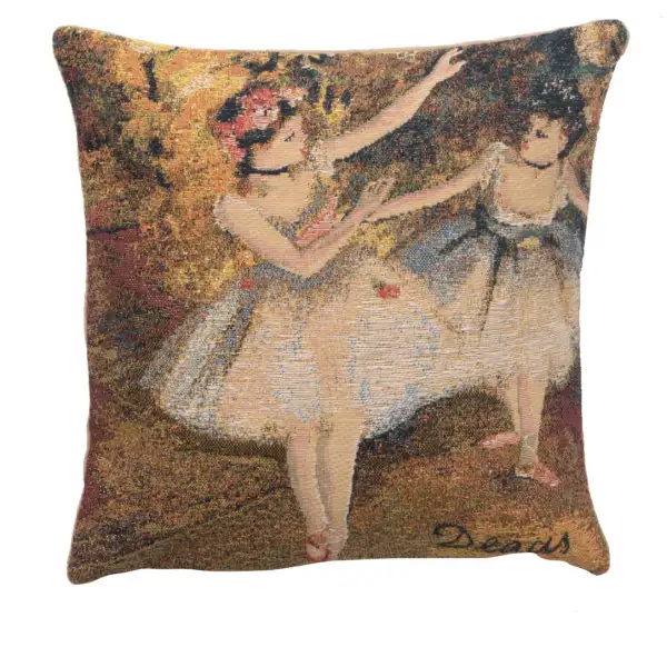Degas Deux Dansiuses Small Belgian Cushion Cover - 14 in. x 14 in. Cotton/viscose/goldthreadembellishments by Edgar Degas