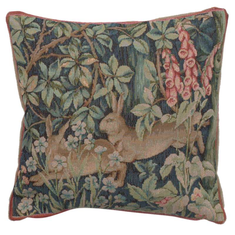 Two Hares In A Forest Small French Tapestry Cushion