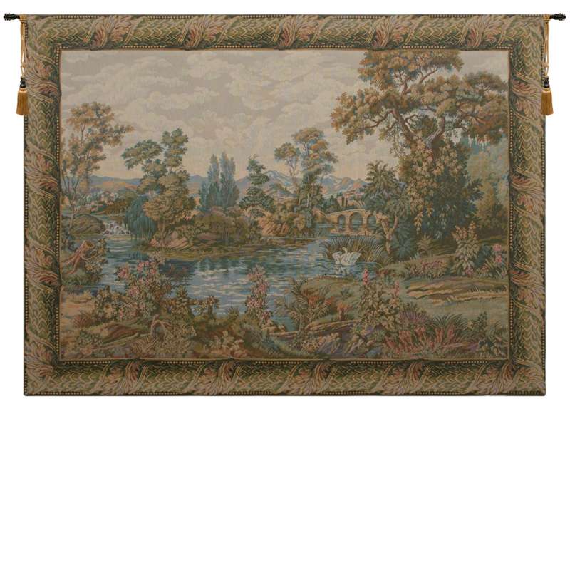 Swan in the Lake Medium with Border Italian Tapestry Wall Hanging