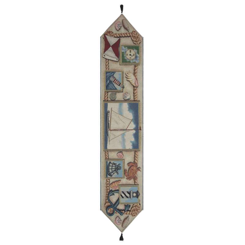 Nautical Scene III Black Tassels   Tapestry Table Runner