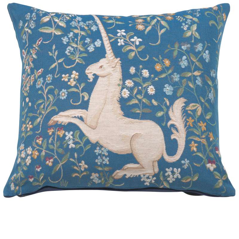 Licorne Fleuri Blue Decorative Tapestry Pillow
