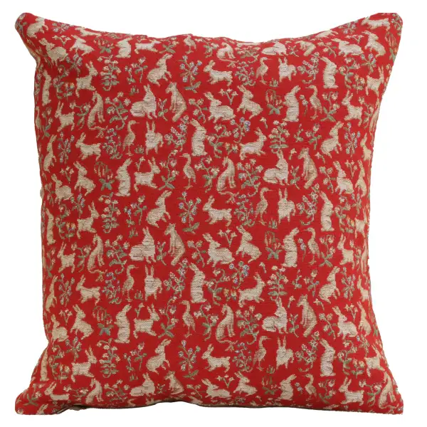 Mille Fleurs and Little Animals Red French Couch Cushion