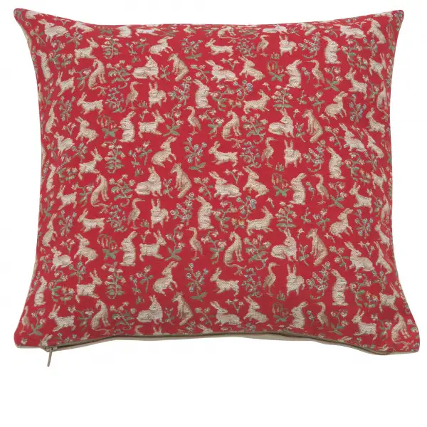 Mille Fleurs and Little Animals Red French Couch Cushion