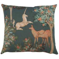 Unicorn and Does Forest Blue French Tapestry Cushion