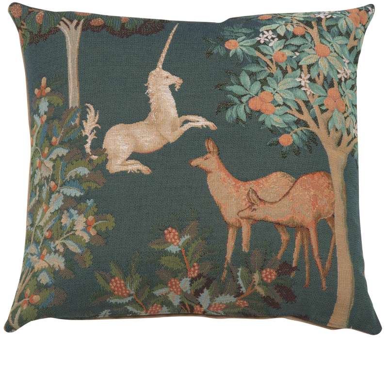 Unicorn and Does Forest Blue French Tapestry Cushion