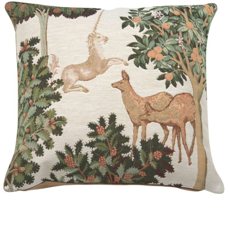Unicorn and Does Forest White Decorative Tapestry Pillow