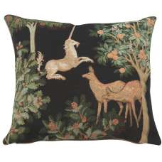 Unicorn and Does Forest Black French Tapestry Cushion
