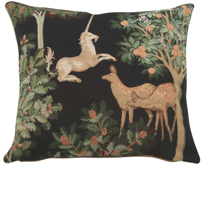 Unicorn and Does Forest Black French Tapestry Cushion