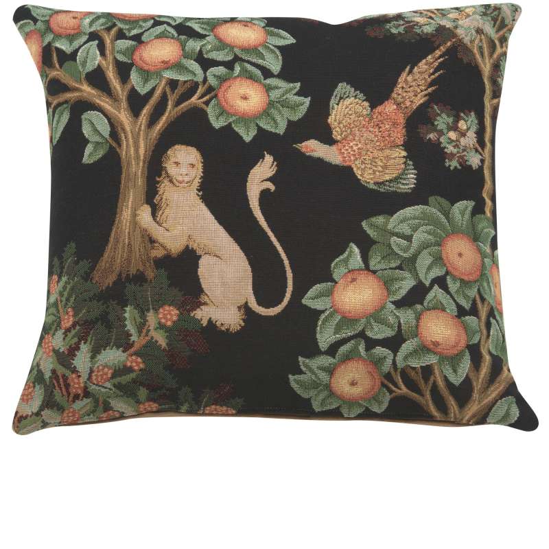 Lion and Pheasant Forest Black French Tapestry Cushion
