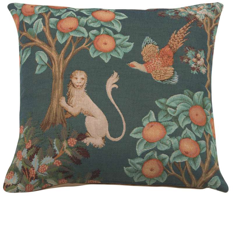 Lion and Pheasant Forest Blue French Tapestry Cushion