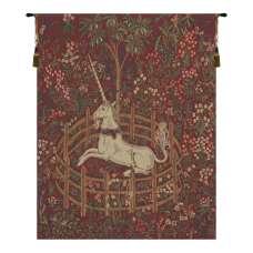 Unicorn In Captivity Red  Belgian Tapestry