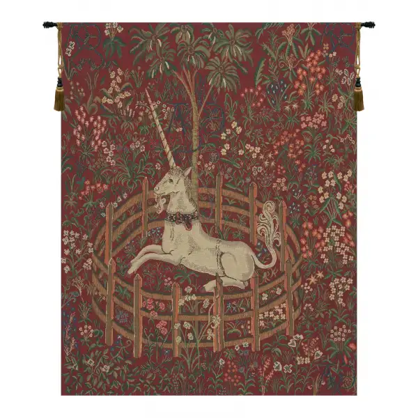 Unicorn In Captivity Red  Belgian Wall Tapestry