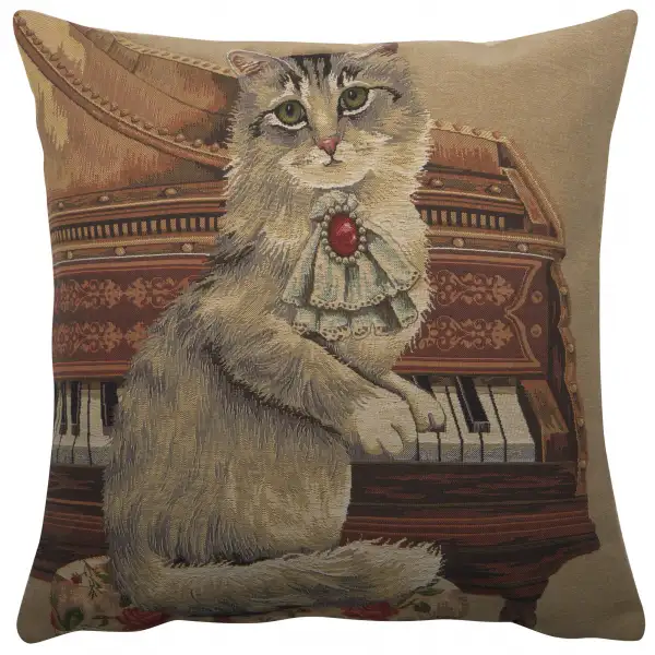 Cat With Piano Belgian Cushion Cover - 18 in. x 18 in. Cotton by Charlotte Home Furnishings