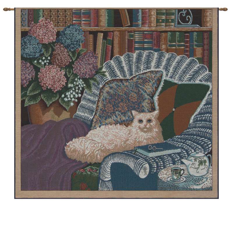 Cat In The Library II Fine Art Tapestry