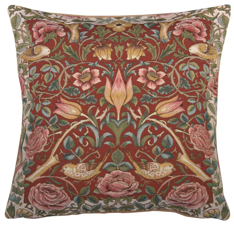 Roses and Birds Red French Tapestry Cushion
