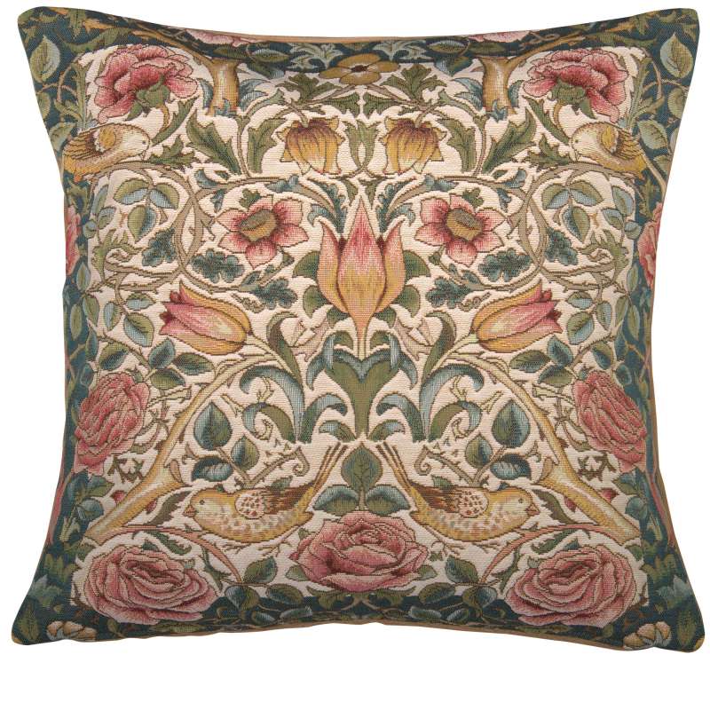 Roses and Birds White French Tapestry Cushion