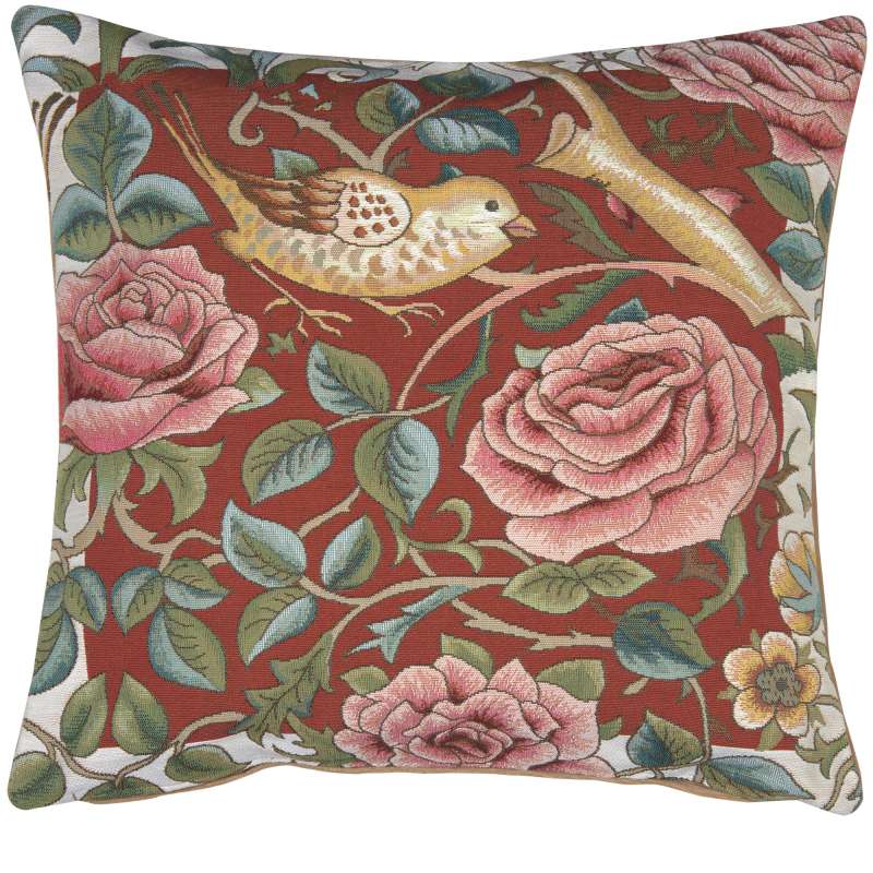 Zoom Bird and Roses Red French Tapestry Cushion