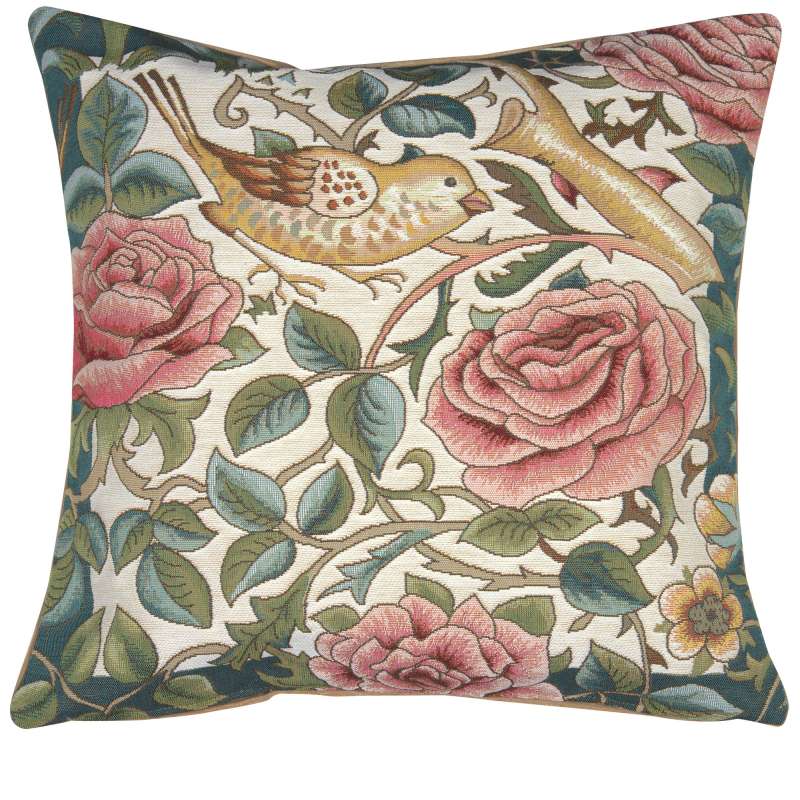 Zoom Bird and Roses White Decorative Tapestry Pillow