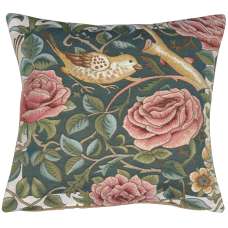 Zoom Bird and Roses Blue French Tapestry Cushion