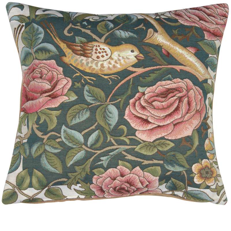 Zoom Bird and Roses Blue French Tapestry Cushion