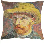 Van Gogh's Self Portrait With Straw Hat Small Belgian Cushion Cover - 14 in. x 14 in. Cotton/Viscose/Polyester by Vincent Van Gogh