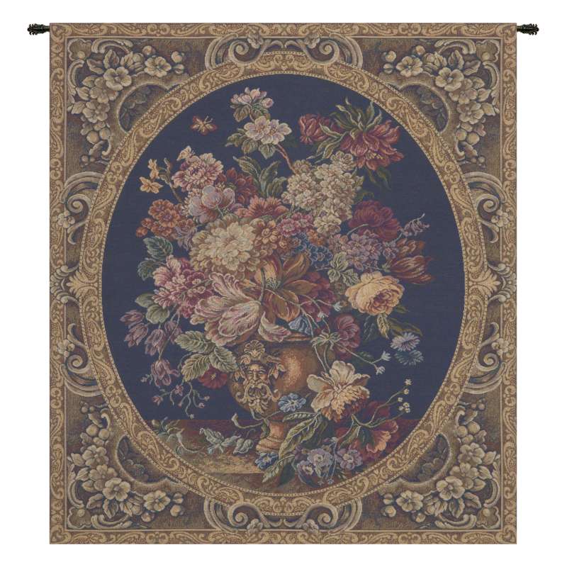 Floral Composition in Vase Dark Blue Italian Tapestry Wall Hanging