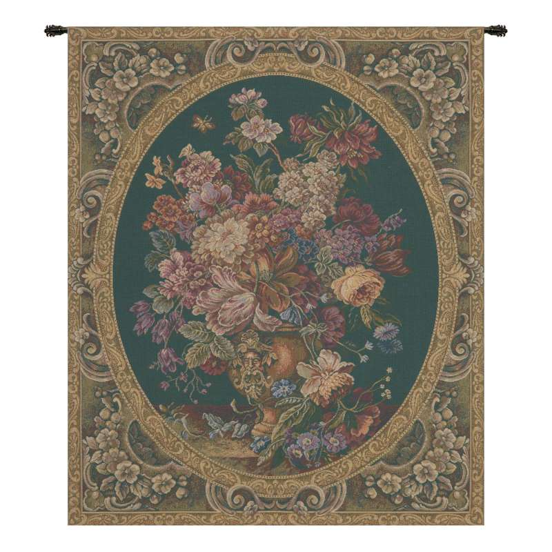 Floral Composition in Vase Green Italian Tapestry Wall Hanging