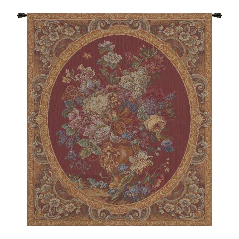 Floral Composition in Vase Burgundy Italian Tapestry Wall Hanging
