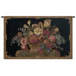 Flower Basket with Black Chenille Background Italian Wall Hanging Tapestry