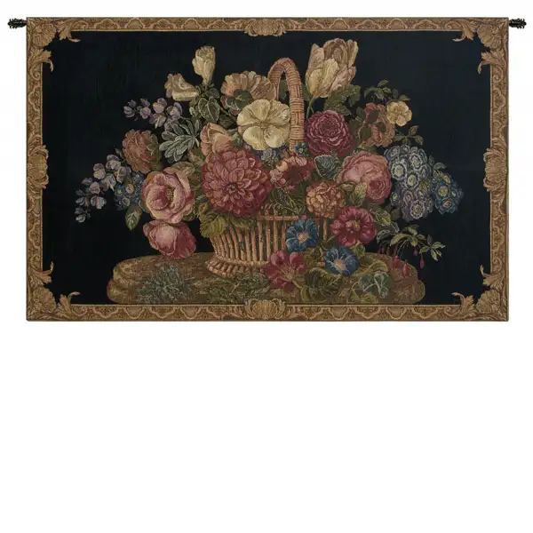 Charlotte Home Furnishing Inc. Italy Tapestry - 42 in. x 24 in. | Flower Basket with Black Chenille Background Italian Tapestry