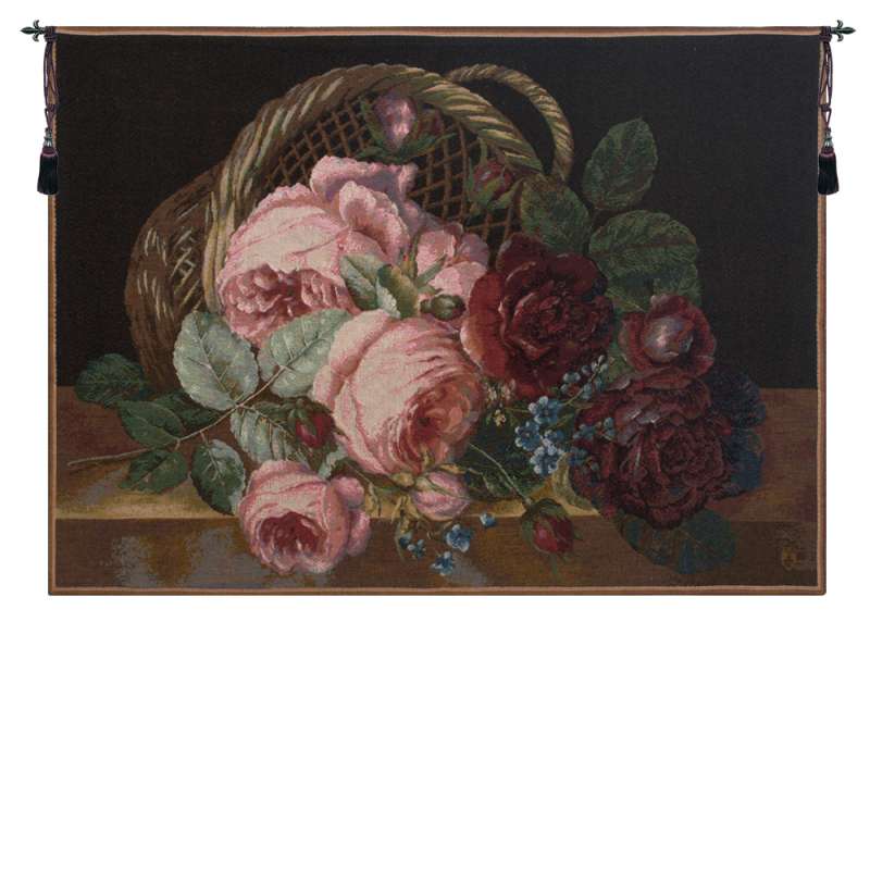 Silk Basket of Flowers Black French Tapestry Wall Hanging
