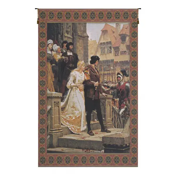 Charlotte Home Furnishing Inc. Belgium Tapestry - 38 in. x 54 in. Edmund Blair Leighton | Call to Arms With Border