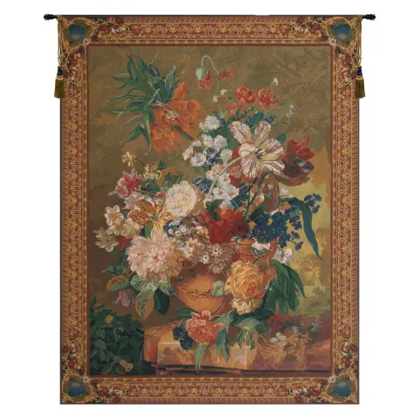 Charlotte Home Furnishing Inc. Belgium Tapestry - 48 in. x 64 in. Jan Van Huysum | Terracotta Floral Bouquet Gold
