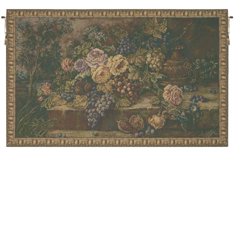 Bouquet with Grapes Green Italian Tapestry Wall Hanging