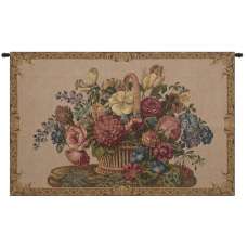 Flower Basket with Cream Chenille Background Italian Wall Hanging Tapestry