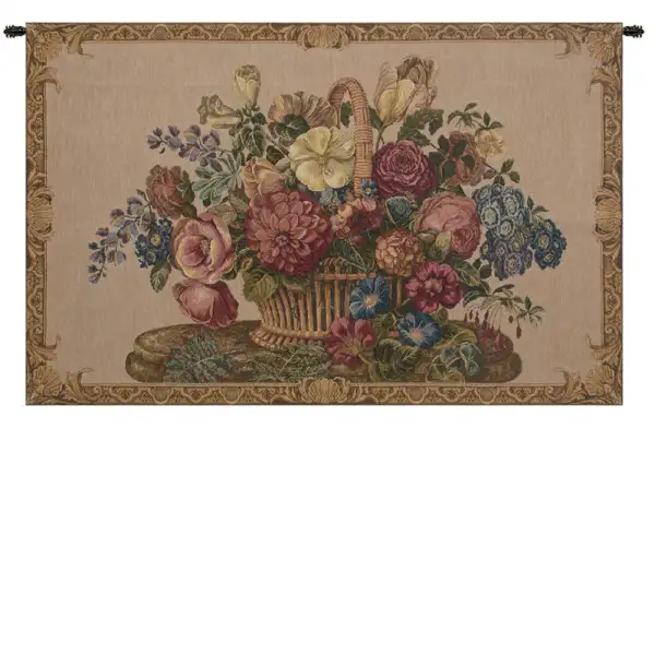 Flower Basket with Cream Chenille Background Italian Wall Tapestry