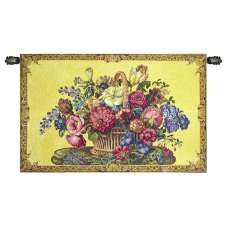 Flower Basket with Yellow Chenille Background Italian Wall Hanging Tapestry