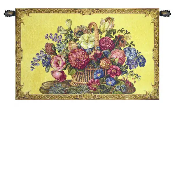 Flower Basket with Yellow Chenille Background Italian Wall Tapestry